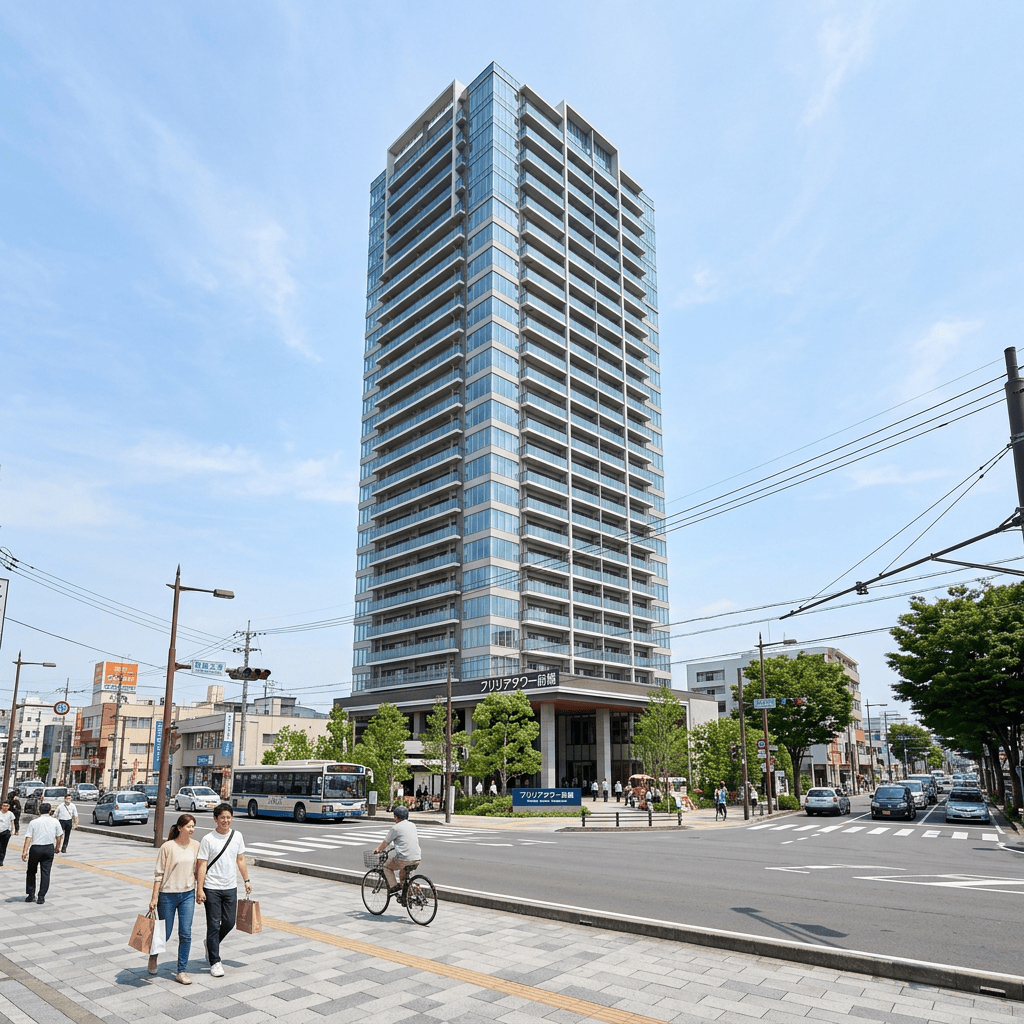 Modern high-rise tower on a busy Japanese city street