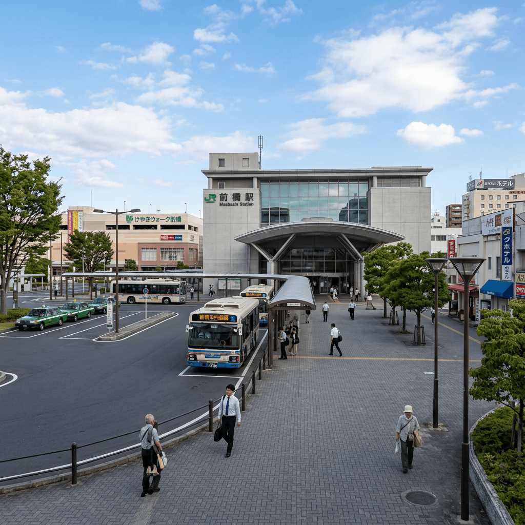 Maebashi Station plaza with buses, taxis, pedestrians, and surrounding buildings