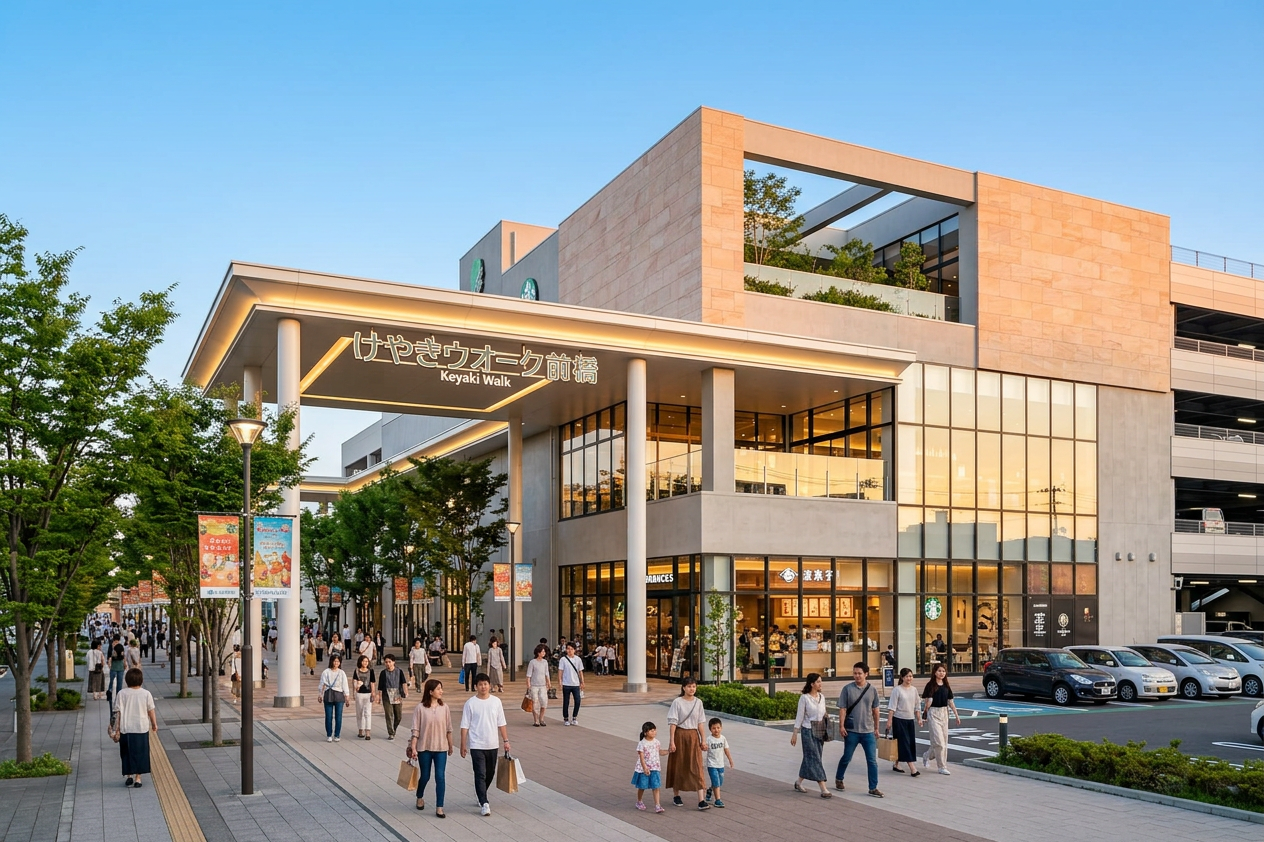 Keyaki Walk Maebashi entrance with shoppers, trees, shops, and parking area